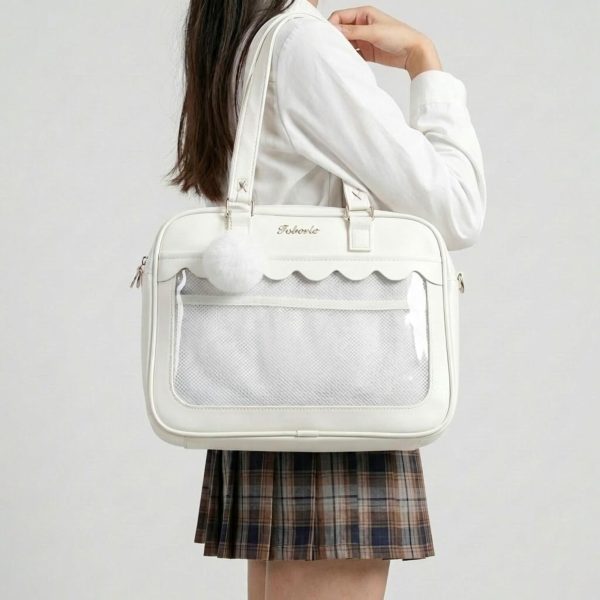 White Kawaii Ita Backpack with Clear Window for Pin Display
