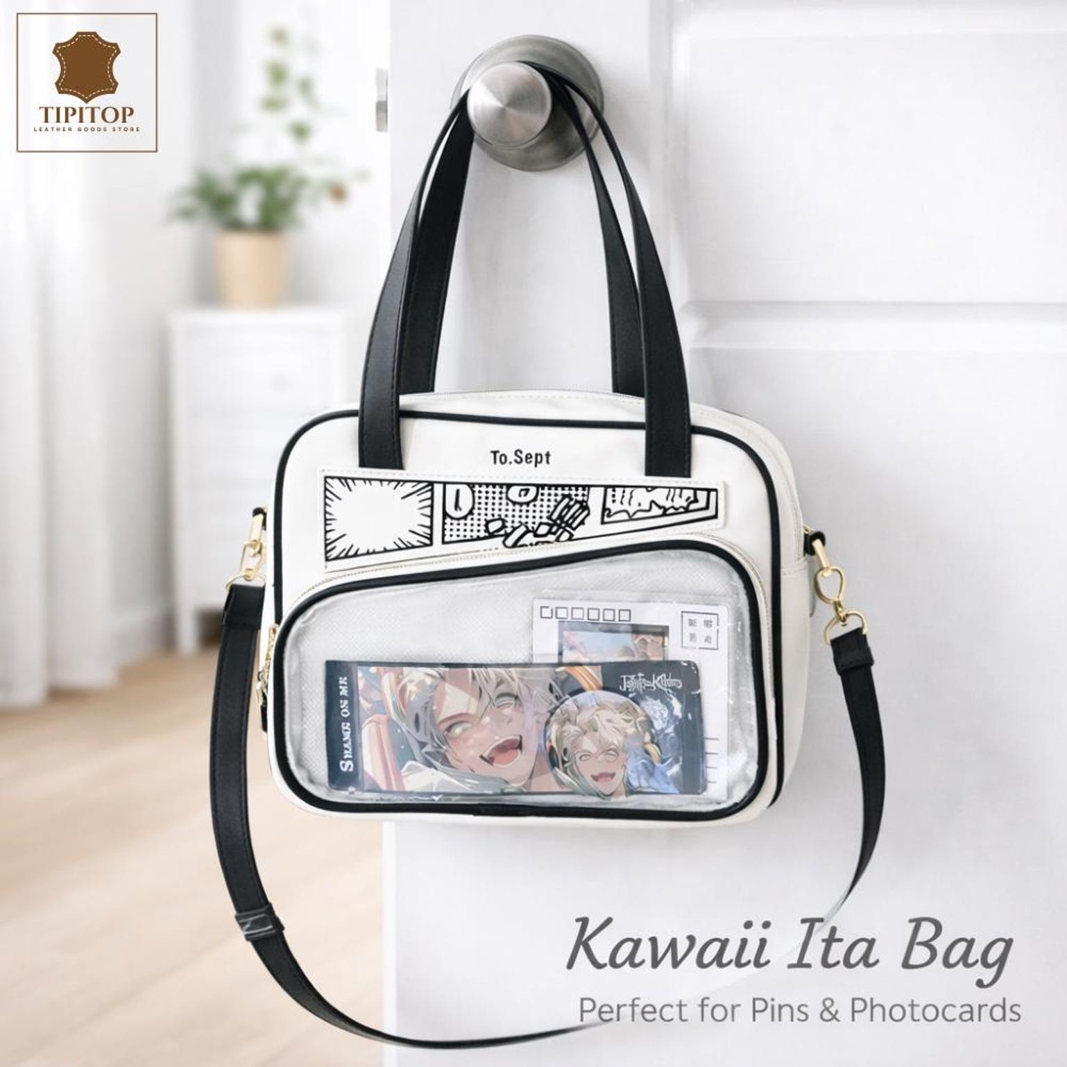 White Kawaii Y2K Convertible Ita Bag with Clear Window for Photocards and Pins
