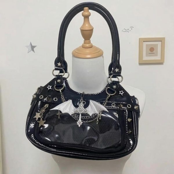 Y2K Gothic Ita Shoulder Bag with Clear Window for Photocards and Pins