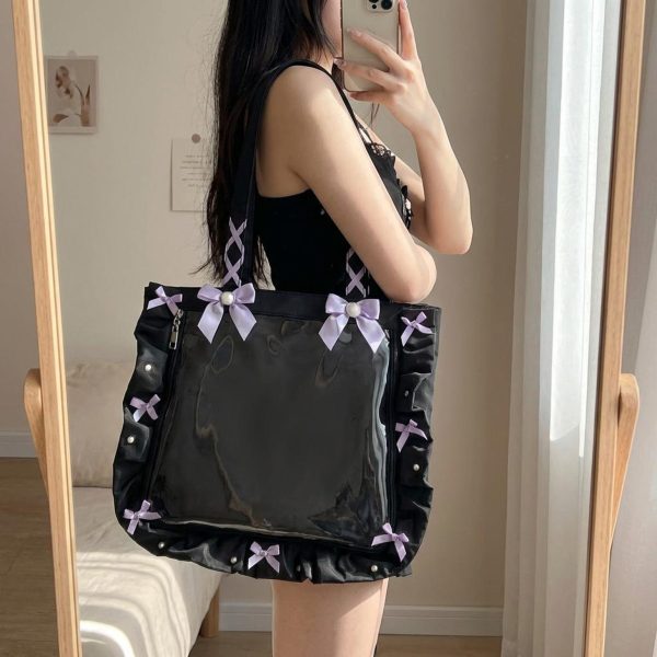 Y2K Gothic Ita Tote Bag with Clear Window for Photocards and Pins