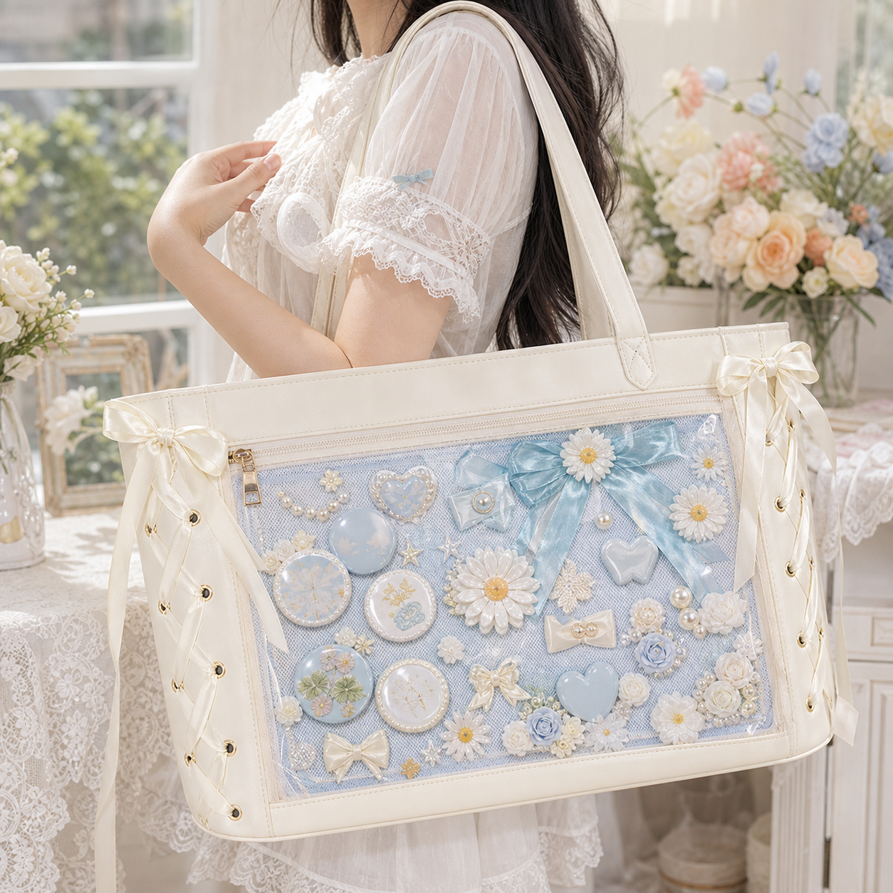 Large Ribbon Ita Tote Bag with Included Insert