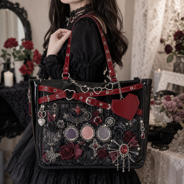 Large Black Gothic Ita Tote Bag with Clear Window and Included Insert for Pin Display