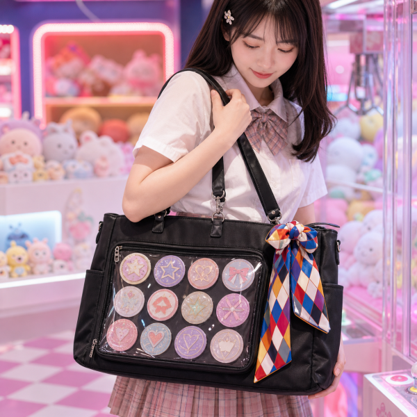 Large Black Ita Tote Bag with Clear Window and Included Insert for Pin Display