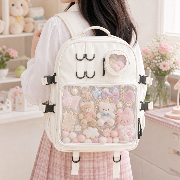 Large White Kawaii Ita Backpack with Clear Window and Included Insert for Pin Display