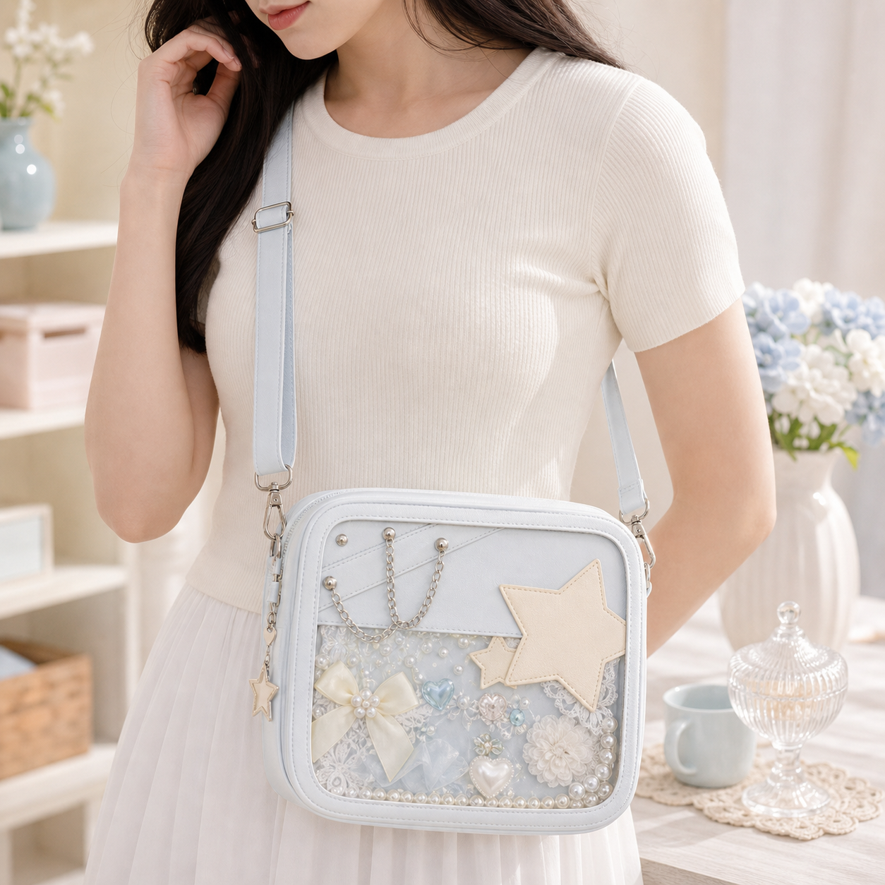 Small White Ita Crossbody Bag with Clear Window and Included Insert for Pin Display