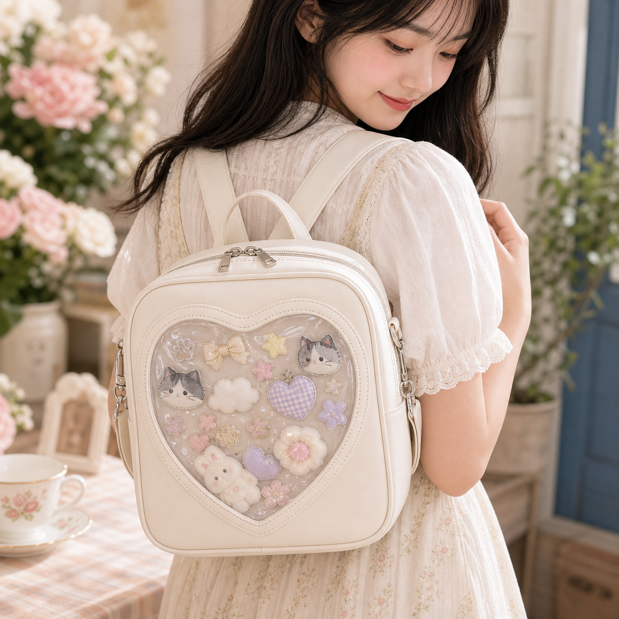Small White Heart Ita Backpack with Included Insert