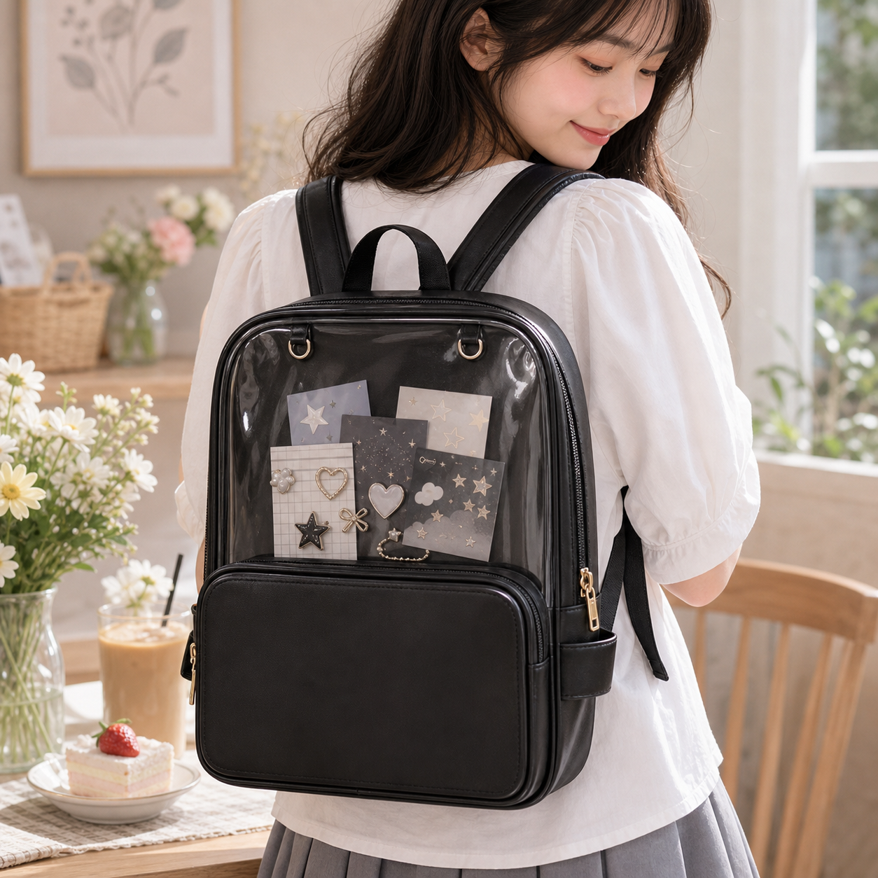 Black Backpack with Clear Window for Photocards and Pins