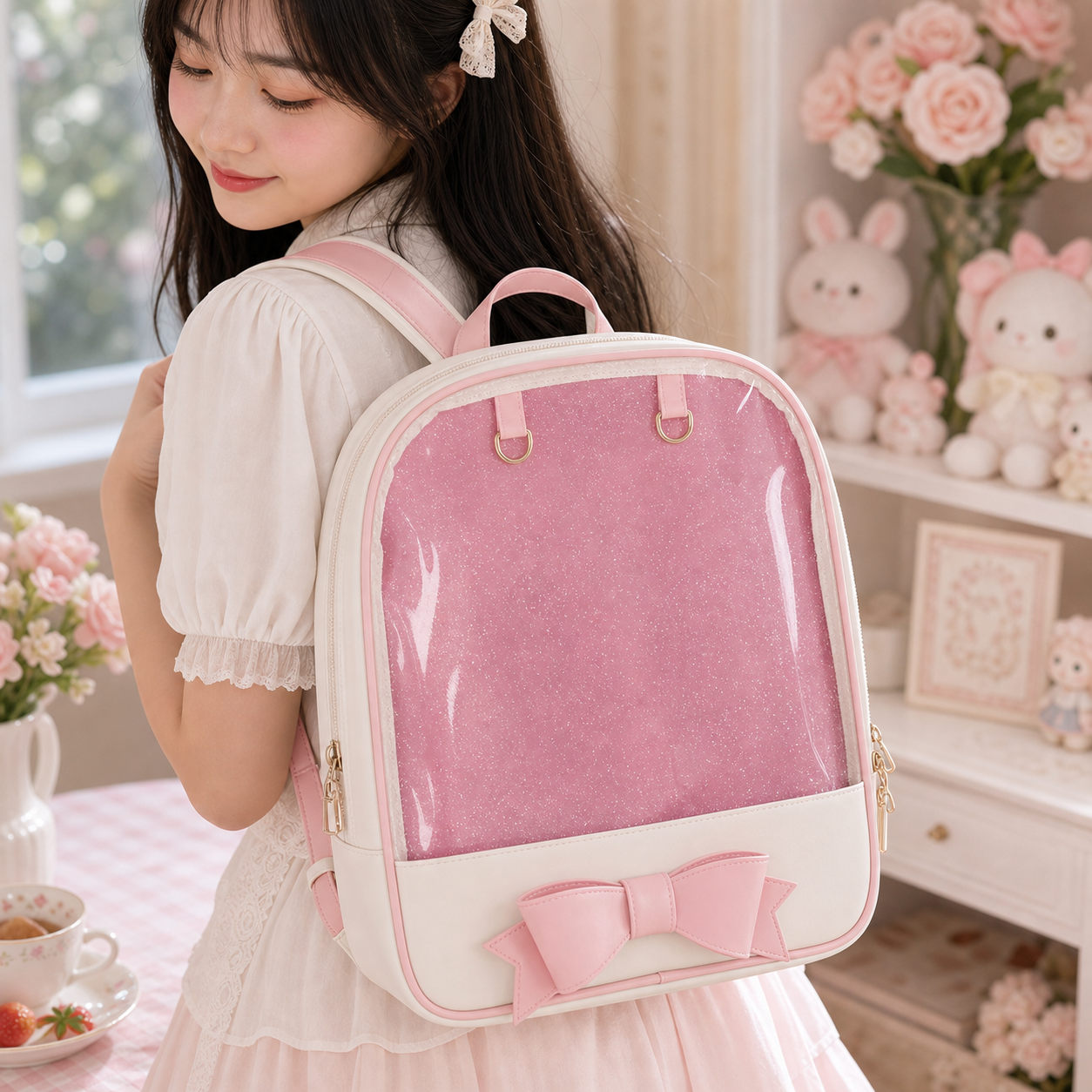 White Backpack with Clear Window for Plushies and Pins